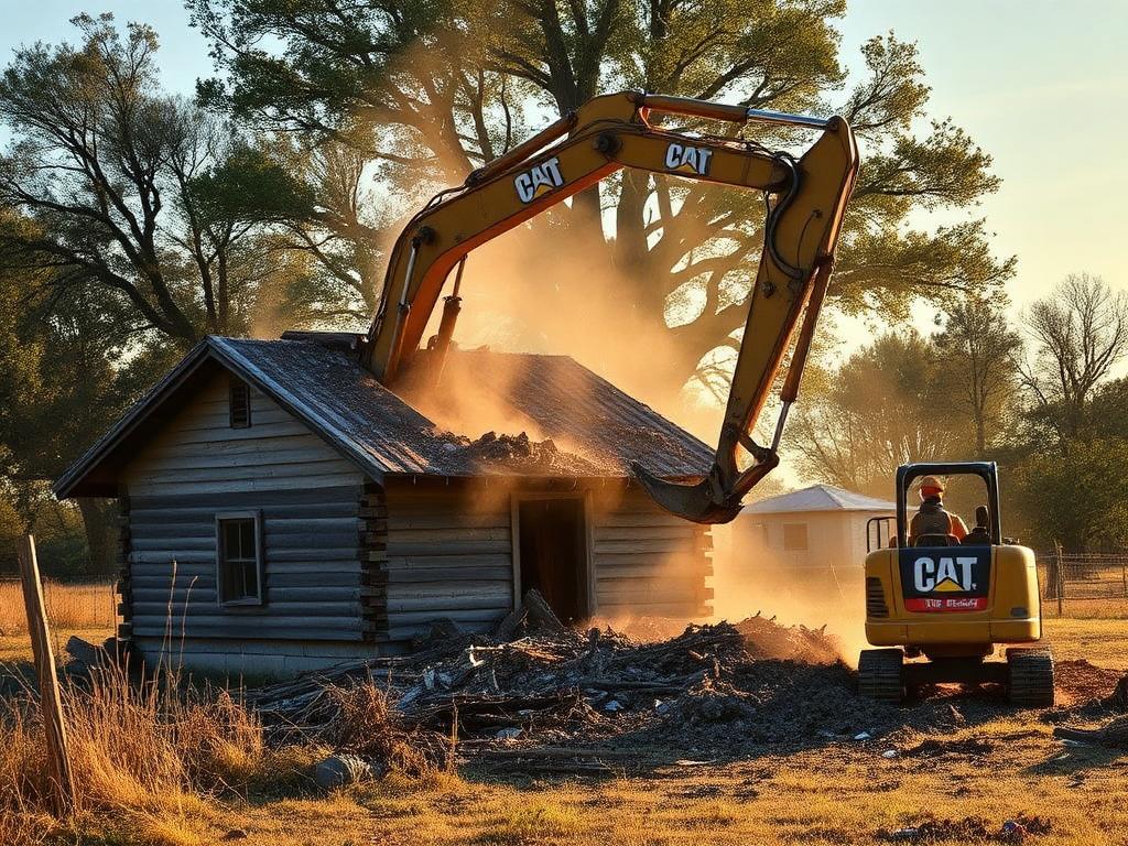 Excavator demolishing a small wooden structure at golden hour
