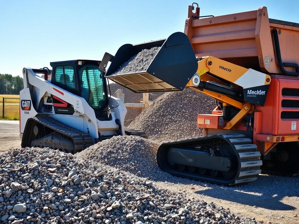 Skid steer loading gravel into a dump truck for delivery