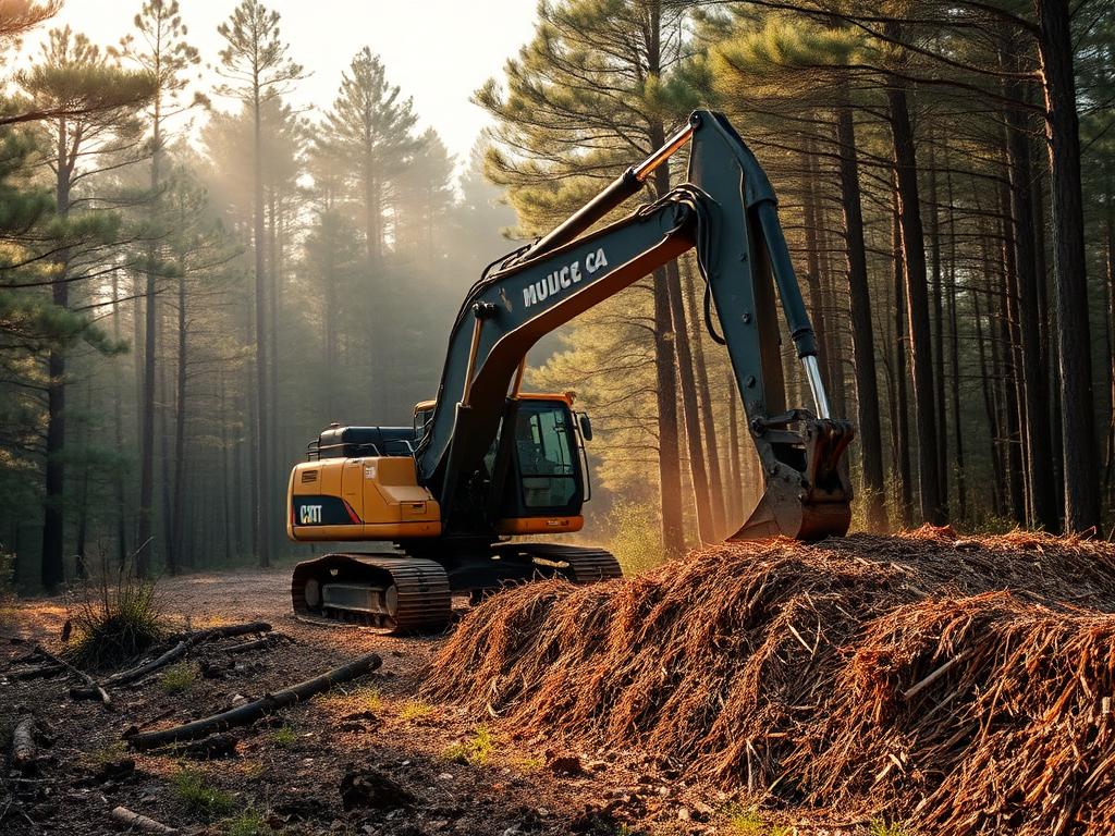 Excavator clearing land among pine trees in South Mississippi